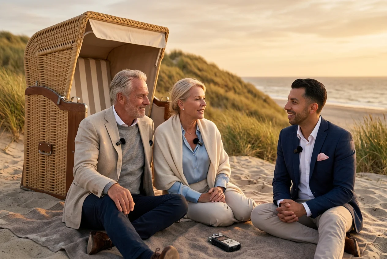 KI-generierte Szene: Rameen Noor nimmt am Strand einen Podcast mit einem Ehepaar auf, alle tragen kleine Ansteckmikrofone an der Kleidung